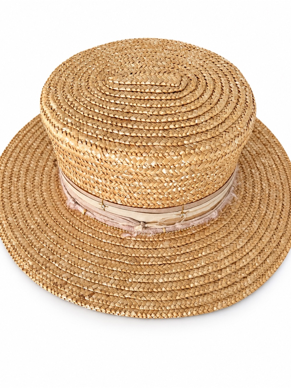 CÉLINE Phoebe Philo Straw Boater Hat Silk Band Crystal Pins Made in France
